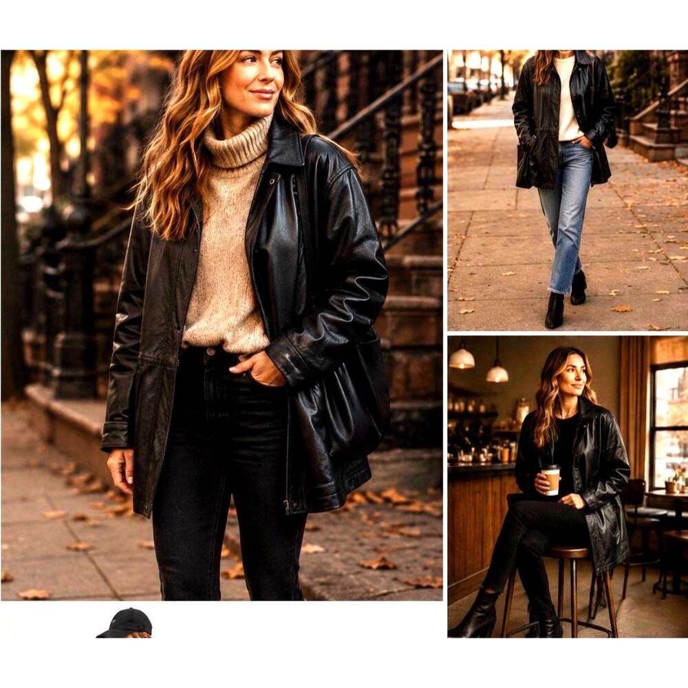 KC Collections Black Faux Leather Coat w/Fur Collar, Sz L